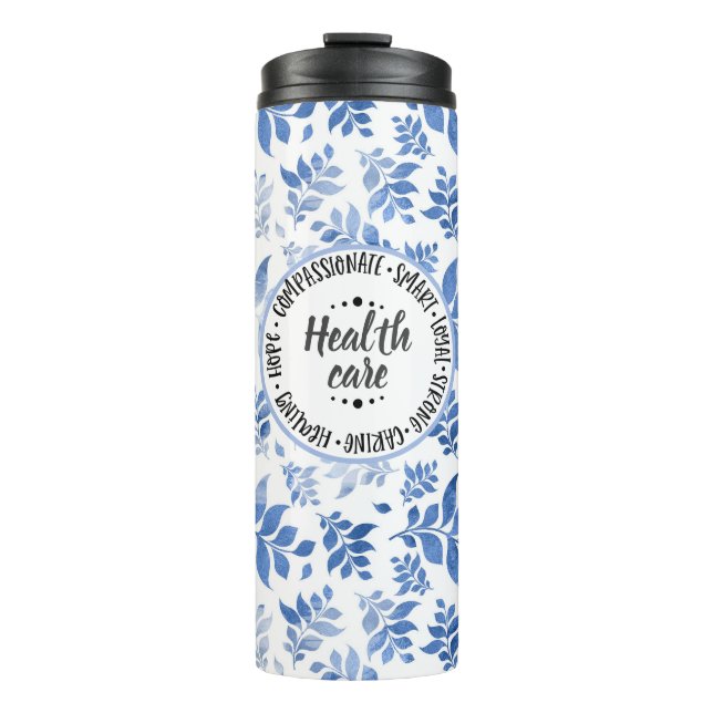 Health Care Attributes Blue and White Willow Style Thermal Tumbler (Front)