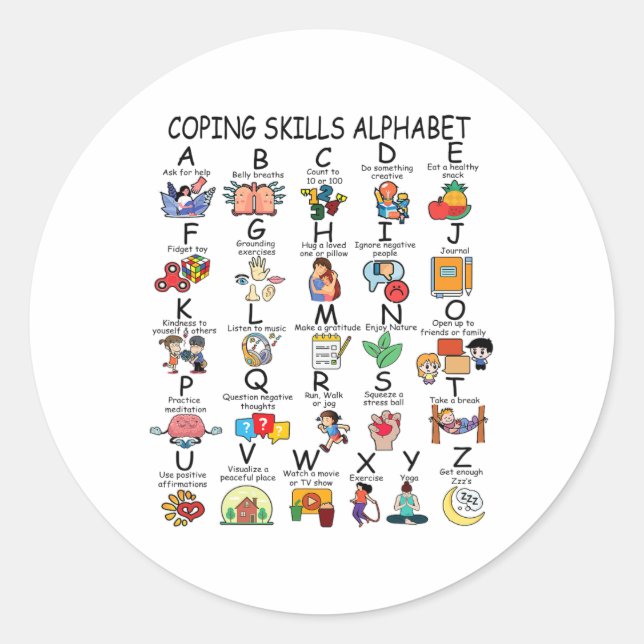Health Coping Skills Alphabet School Teacher Kids  Classic Round Sticker (Front)