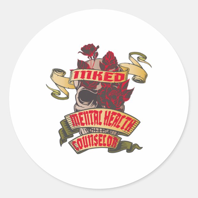 Health Counsellor Inked Skull And Red Roses Tattoo Classic Round Sticker (Front)