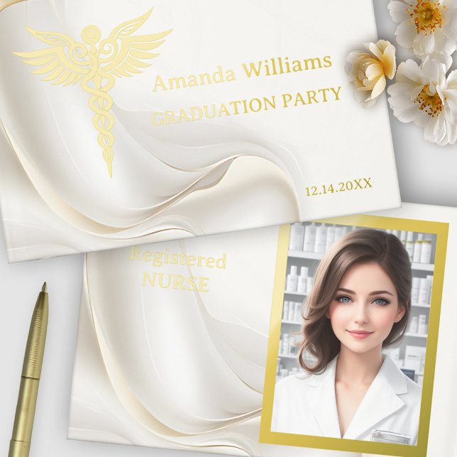 Health Professional Graduation Photo Real Foil Guest Book (Graduation guest book featuring a caduceus in real foil on an elegant ivory design with your photo)