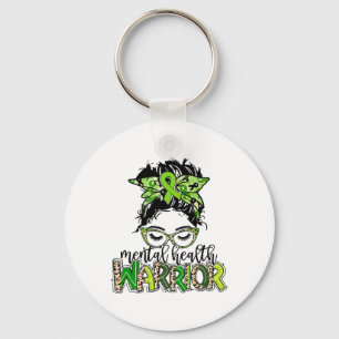 Health Warrior Messy Bun Hair Leopard Green Ribbon Key Ring