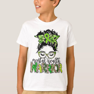 Health Warrior Messy Bun Hair Leopard Green Ribbon T-Shirt