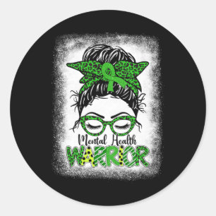Health Warrior Messy Bun Women Mental Health Probl Classic Round Sticker