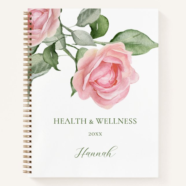 Health & Wellness Diary Pink Roses Personalise Notebook (Front)