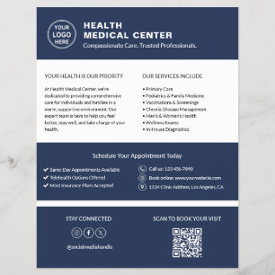 Healthcare Clinic Doctor Custom Logo QR Code Navy Flyer