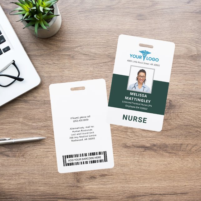 Healthcare Hospital Employee Logo and Photo ID ID Badge (Medical Professional Nurse Blue Green Photo ID Badge)