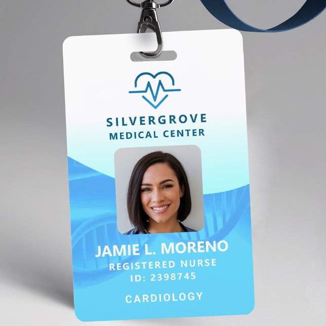 Healthcare Medical Heart Logo Aqua Photo Nurse ID Badge (nurse id badge custom hospital clinic medical office clinic center wellbeing blue aqua ekg logo)