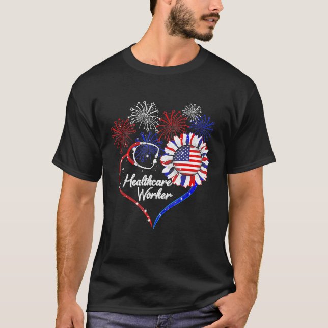 Healthcare Worker Stethoscope Firework Sunflower F T-Shirt (Front)