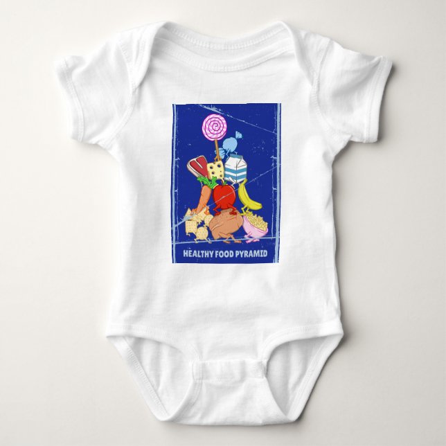 Healthy food pyramid funny cartoon illustration baby bodysuit (Front)