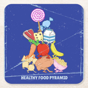 Healthy food pyramid funny cartoon illustration square paper coaster