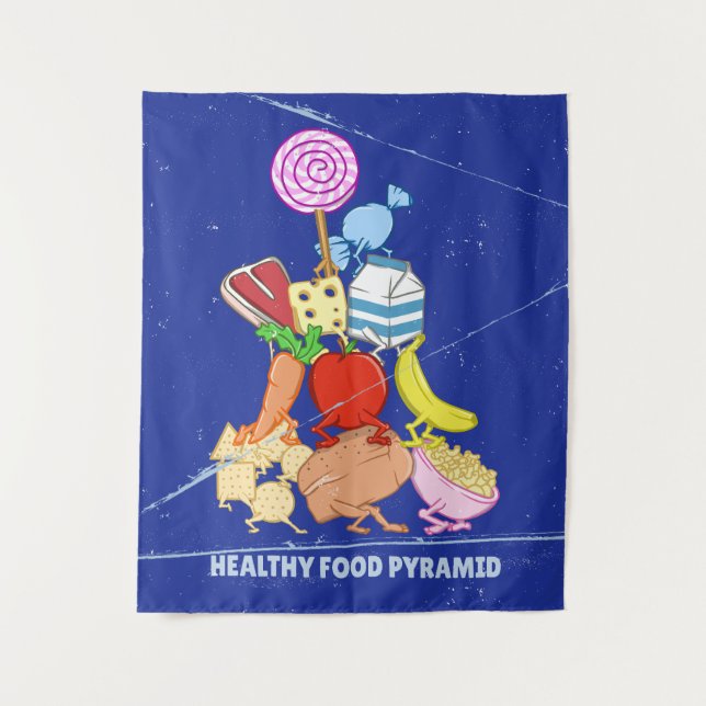 Healthy food pyramid funny cartoon illustration tapestry (Front)