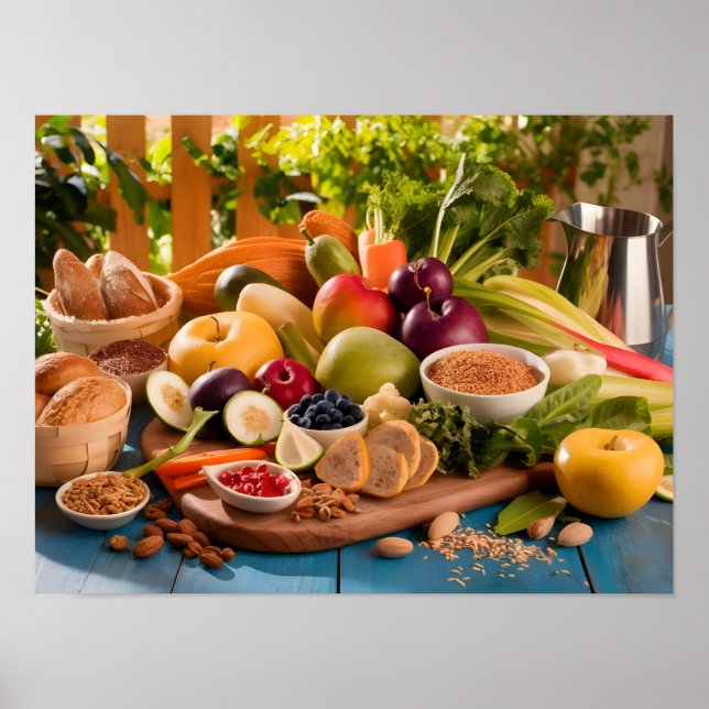 Healthy Food Spread on Rustic Wooden Table Poster (Front)