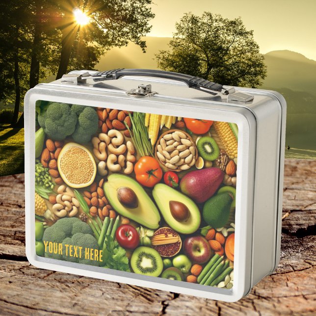 Healthy Vegetables Snacks Colourful Metal Lunch Box (Lunch Box featuring a colorful display of different vegetables, fruits and nuts)