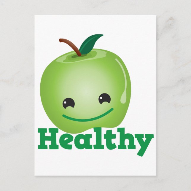 Healthy with green kawaii apple with a cute face postcard (Front)