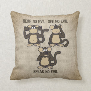 Hear No Evil Monkeys Humourous Rustic Brown Cushion