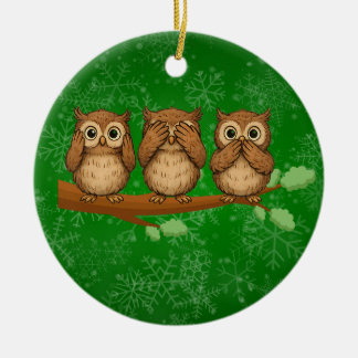 Hear, See, and Speak No Evil Owls Ceramic Tree Decoration