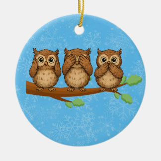 Hear, See, and Speak No Evil Owls Ceramic Tree Decoration