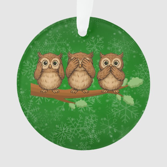 Hear, See, and Speak No Evil Owls Ornament (Front)