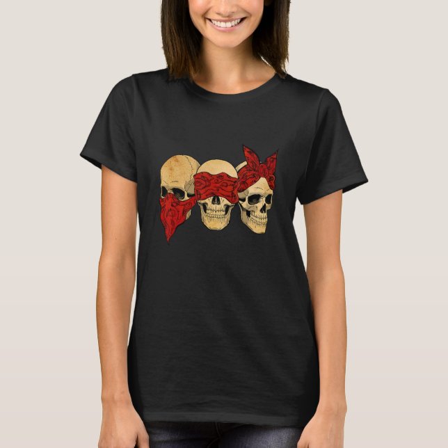 Hear See Speak No Evil Skull Heads Halloween T-Shirt (Front)