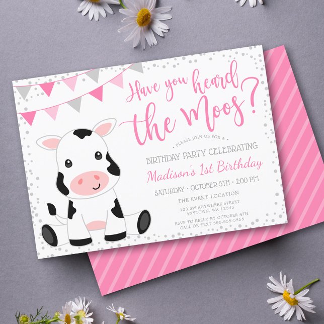 Heard the Moos Pink Girl Cow Birthday Invitation (Creator Uploaded)