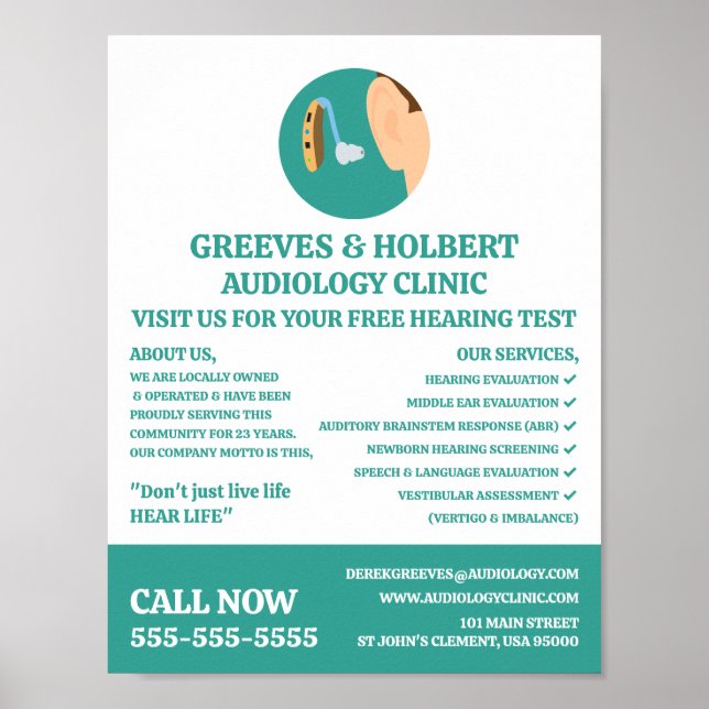 Hearing Aid Icon, Audiologist, Audiology Clinic Poster (Front)