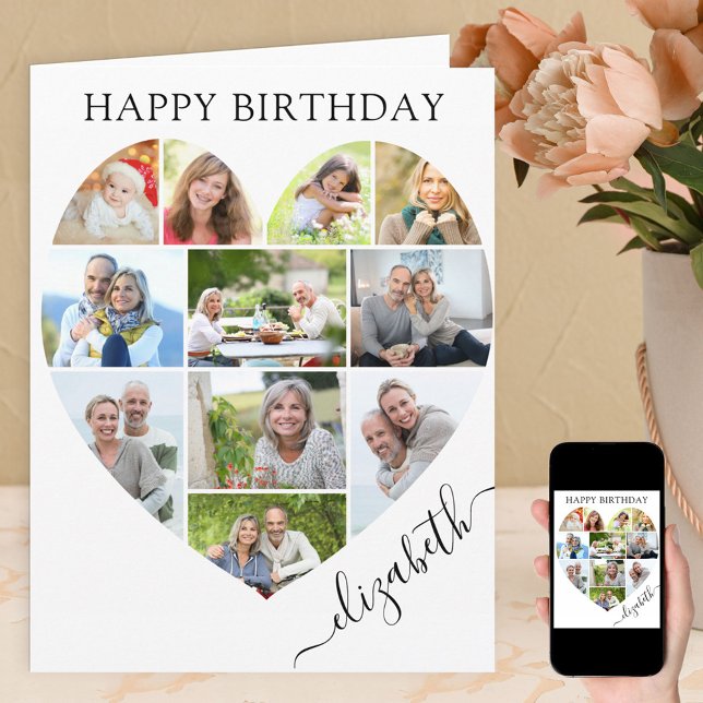 Heart 11 Photo Collage Elegant Name Birthday Card (Creator Uploaded)