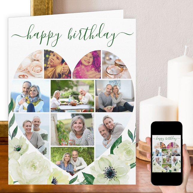 Heart 11 Photo Collage White Rose Happy Birthday Card (Creator Uploaded)