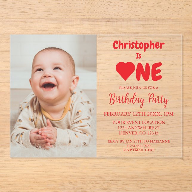 Heart 1st Birthday Acrylic Invitations (Front)