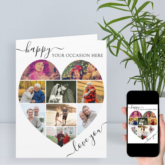 Heart 9 Photo Collage Love You Script Any Occasion Card (Creator Uploaded)