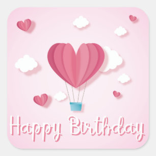 Heart air balloon pink Happy Birthday romantic Square Sticker