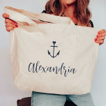 Heart Anchor Personalised Name Bachelorette Large Tote Bag<br><div class="desc">Welcome bridesmaids and friends to your nautical or boating bachelorette party with these cute personalised tote bags. Design features a navy blue ship's illustration topped by a small heart, with a line of custom cursive script text beneath. Customise with each guest's name for a welcome tote that matches your bachelorette...</div>