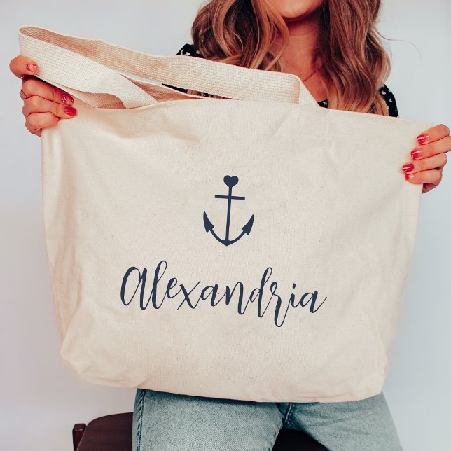 Heart Anchor Personalised Name Bachelorette Large Tote Bag (Creator Uploaded)