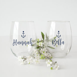 Heart Anchor Personalised Name Bachelorette Stemless Wine Glass