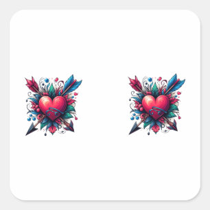 Heart And Arrows Tattoo Style Design Art Square Sticker