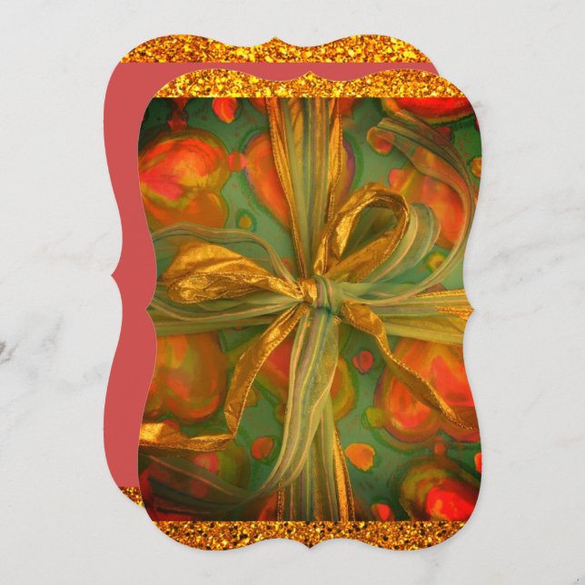 Heart and bow red and green glitter ribbon gift invitation (Front/Back)