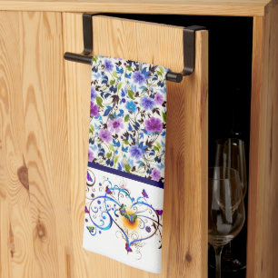 Heart and butterflies floral tea towel