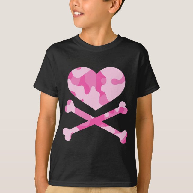heart and crossbones pink camo T-Shirt (Front)