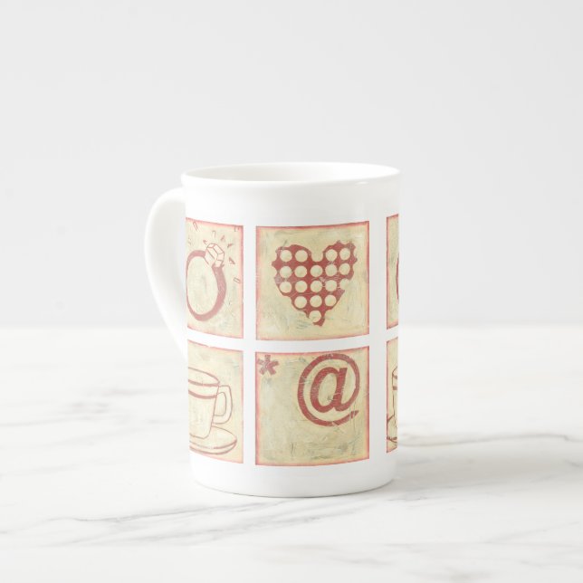 Heart and Ring Woodblock Drawings Bone China Mug (Front Left)