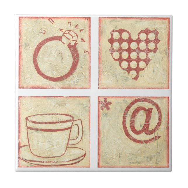 Heart and Ring Woodblock Drawings Tile (Front)