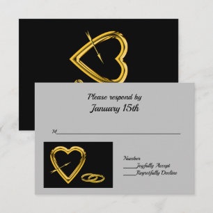 Heart and Rings in Gold on Black Modern RSVP Card