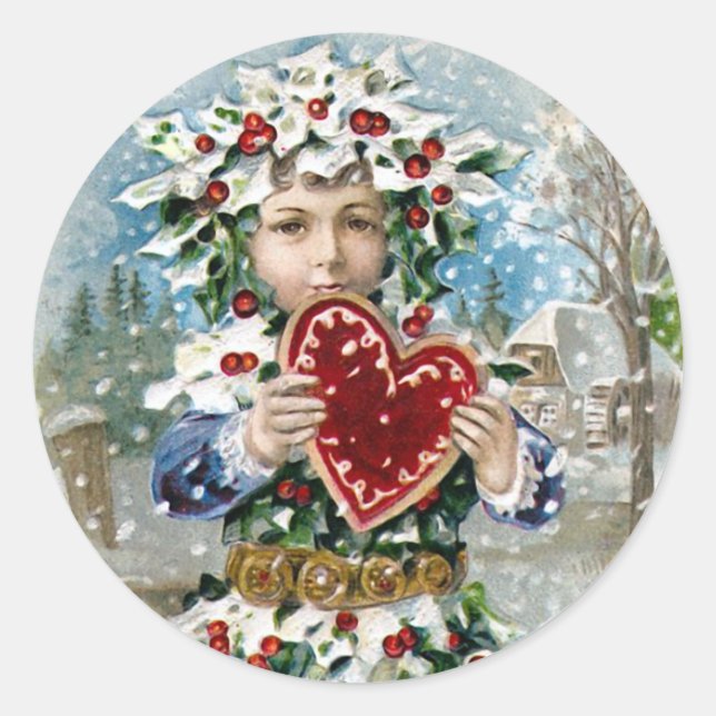 "Heart and Snow" Vintage Christmas Classic Round Sticker (Front)