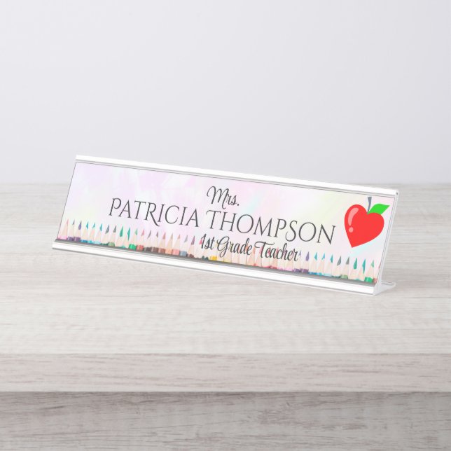Heart Apple Crayon School Teacher Educator Desk Name Plate (Front)