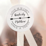 Heart & Arrow Love Is Sweet Wedding Favour Classic Round Sticker<br><div class="desc">Stickers for the favour bags at your wedding with love is sweet have a treat written around a circle framing the names of the happy couple in calligraphy script. An arrow adorned with a heart is separating the names.</div>