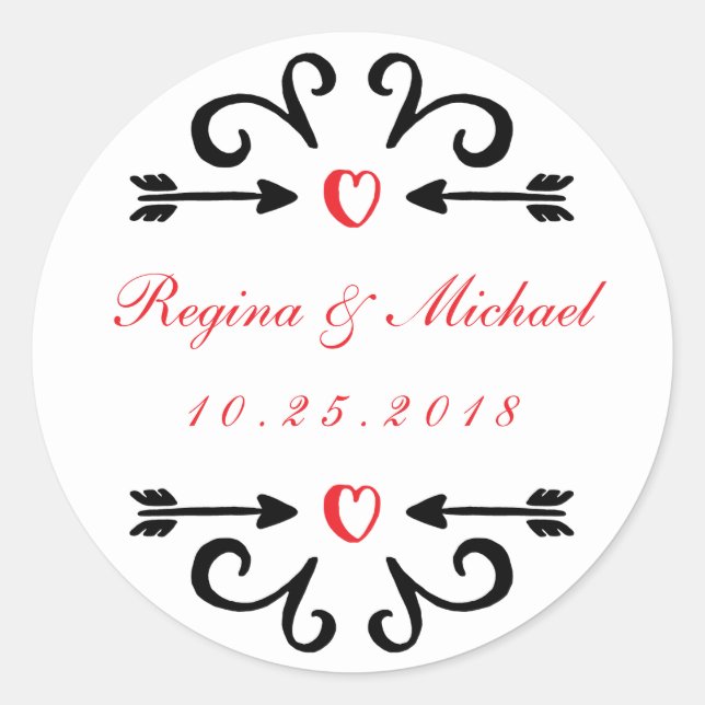 Heart Arrow Swirl Curl Wedding Thank You Sticker (Front)
