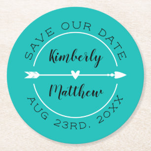 Heart & Arrow Turquoise Save the Date Round Paper Coaster