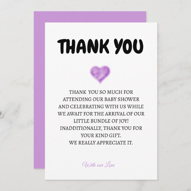 Heart Baby Shower Thank You Card (Front/Back)