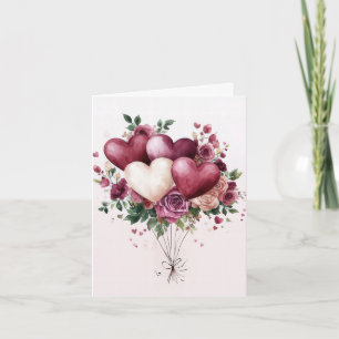 Heart Balloons and Flowers Valentine's Greeting Card