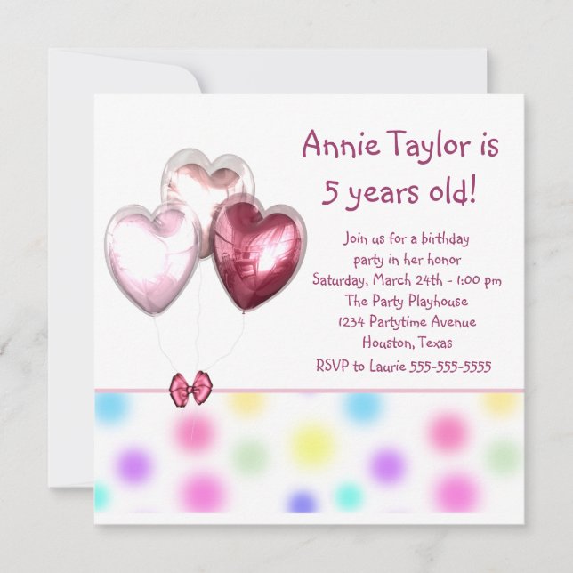 Heart Balloons Pink Girls 5th Birthday Party Invitation (Front)
