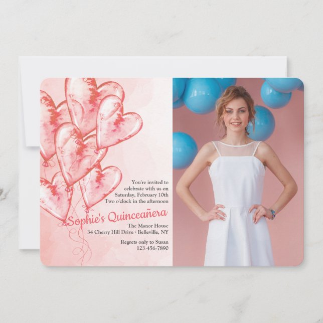 Heart Balloons Quinceañera Invitation (Front)