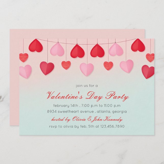 Heart Balloons Valentines Day Party Invitation (Front/Back)
